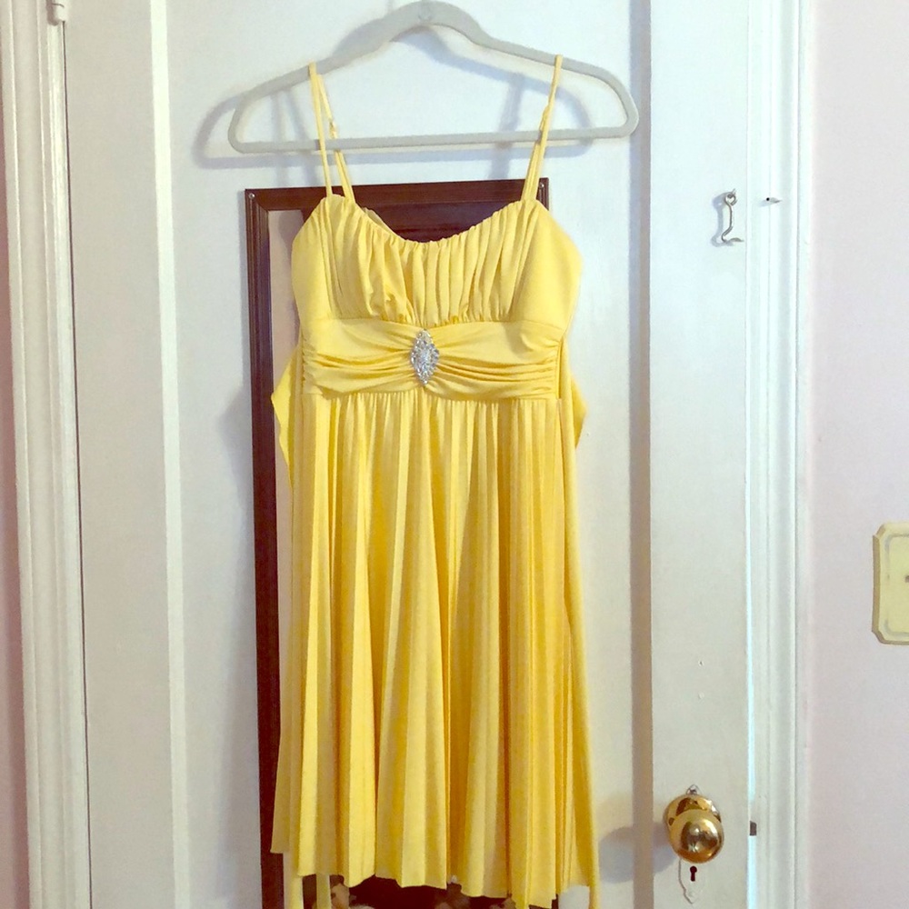 Yellow pleated dress with rhinestone detail